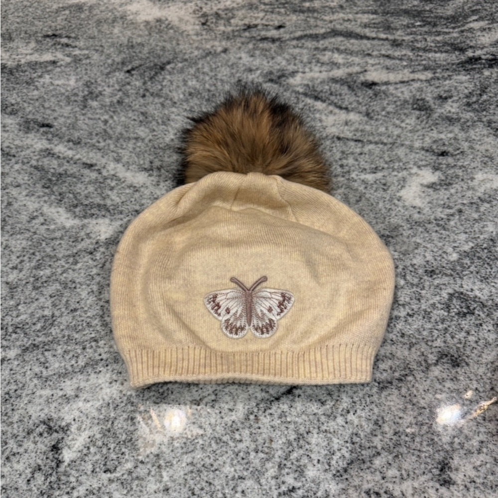 New Custom Designed Cashmere Blend Tan Pom Beanie with Taupe Detailed Butterfly